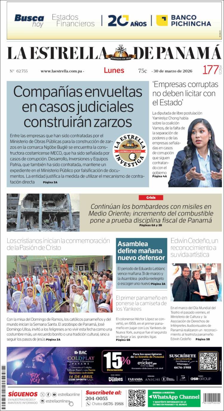 Portada de La Estrella de Panamá (Panama)