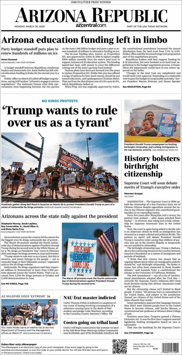 Portada de Arizona Republic News (USA)