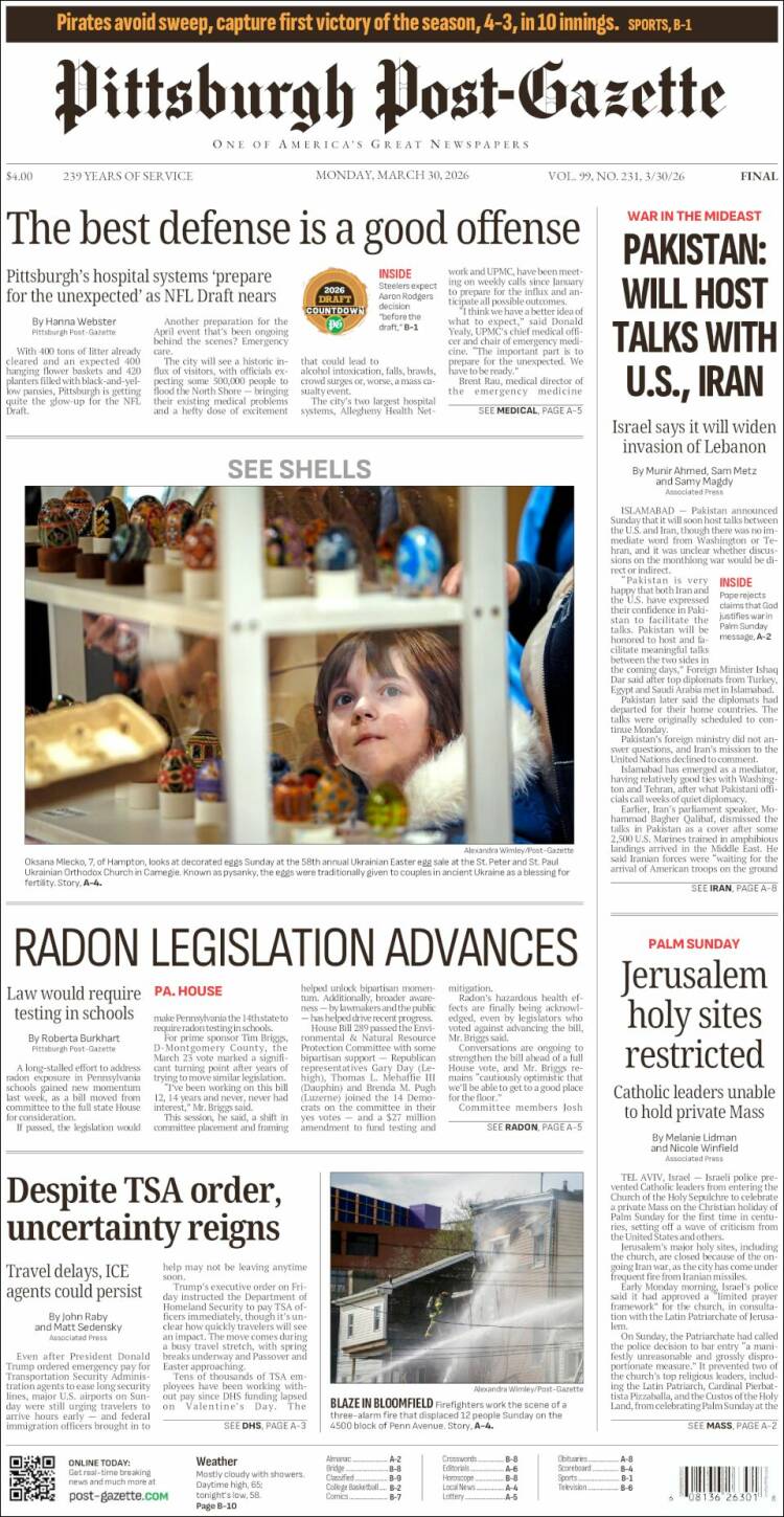 Portada de Pittsburgh Post-Gazette (USA)