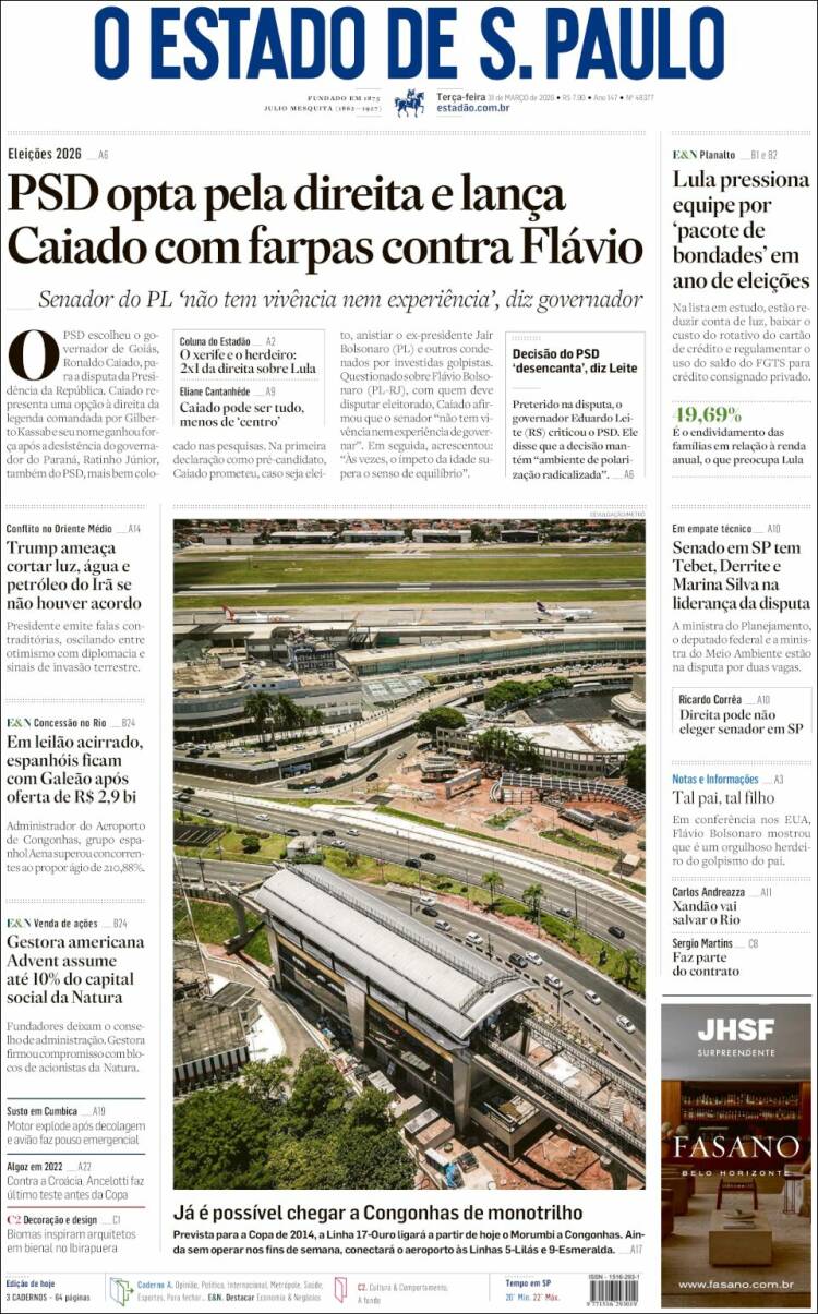 Portada de O Estado de São Paulo (Brasil)