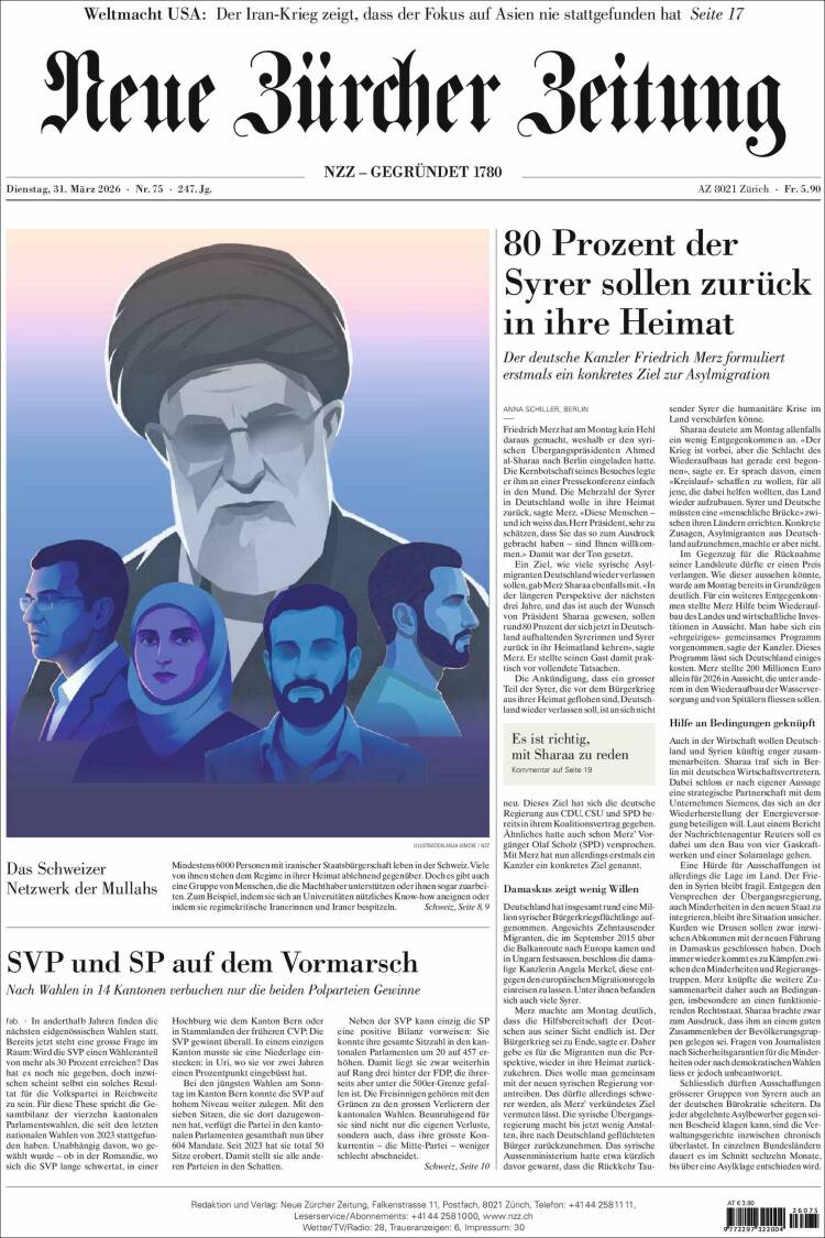 Portada de Neue Zürcher Zeitung (Suiza)