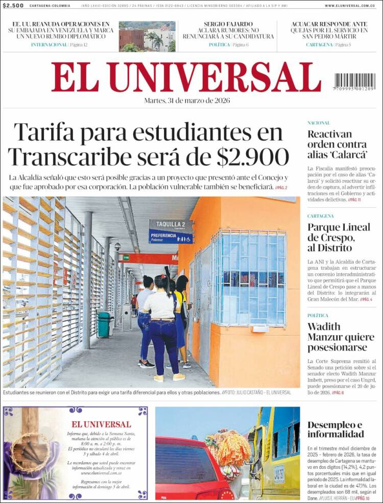 Portada de El Universal (Colombia)