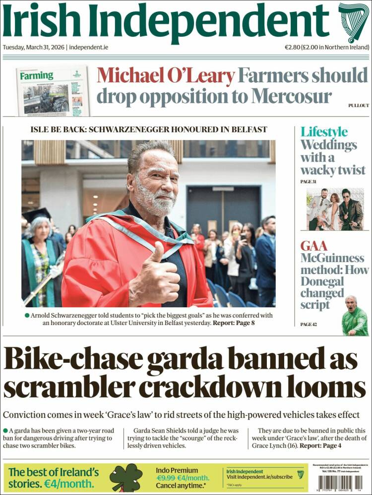 Portada de Irish Independent (Irlanda)