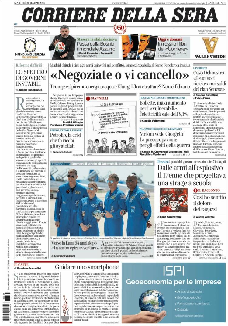 Portada de Corriere della Sera (Italia)