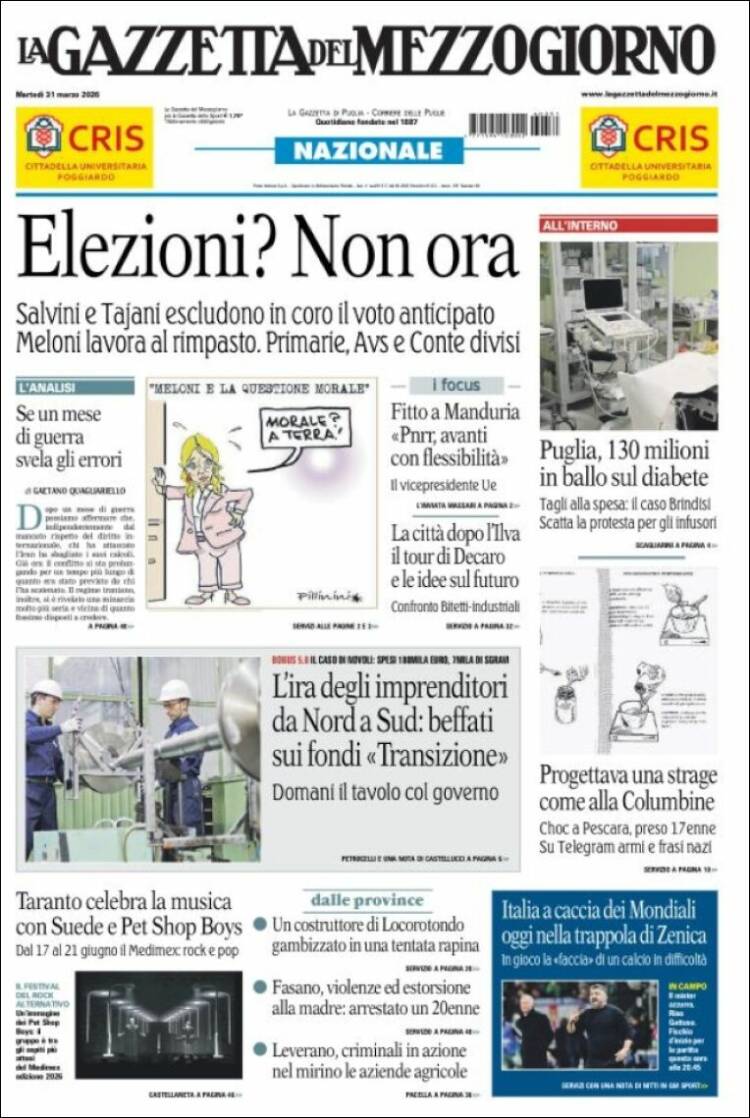 Portada de La Gazzetta del Mezzogiorno (Italia)