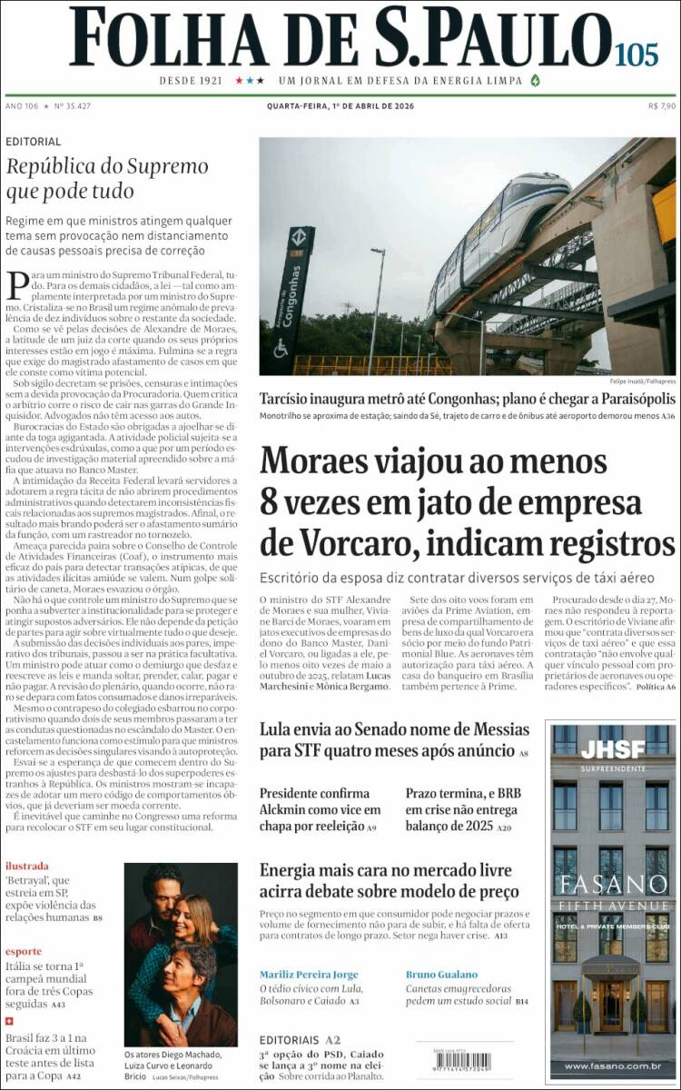 Portada de Folha de São Paulo (Brasil)