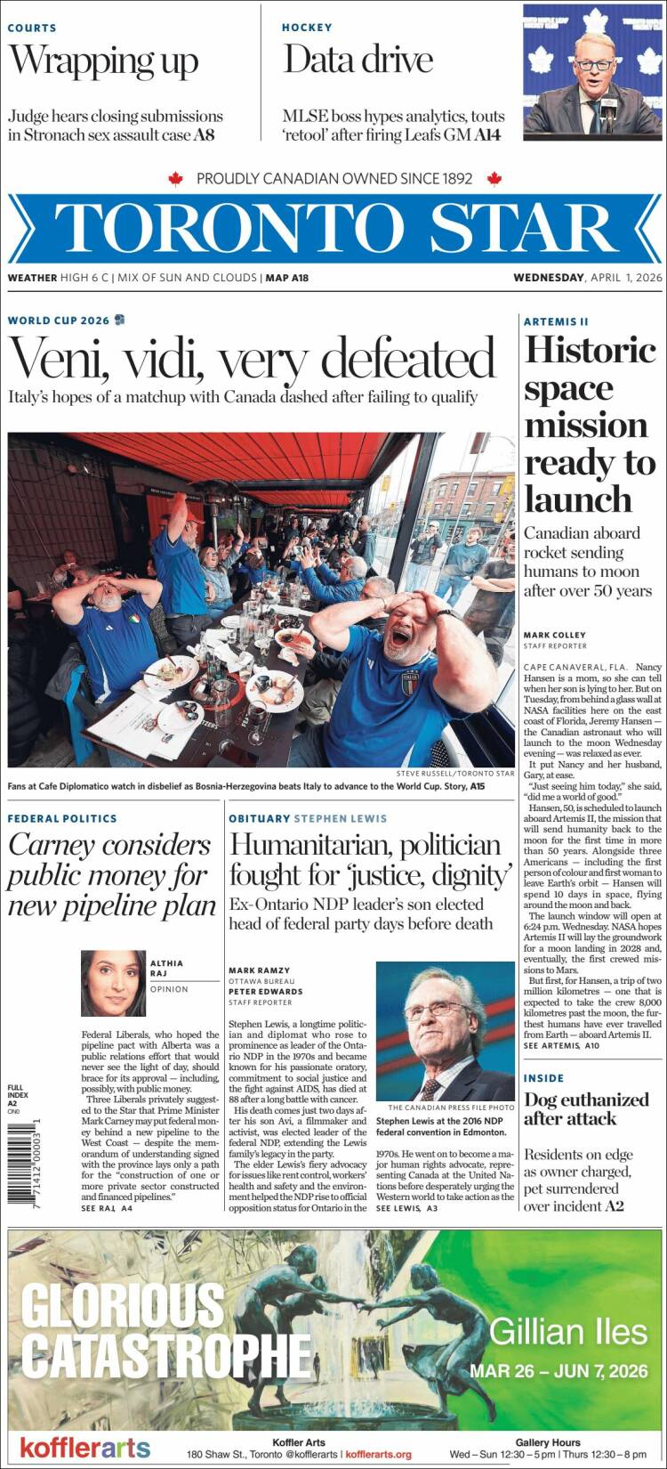 Portada de The Toronto Star (Canada)
