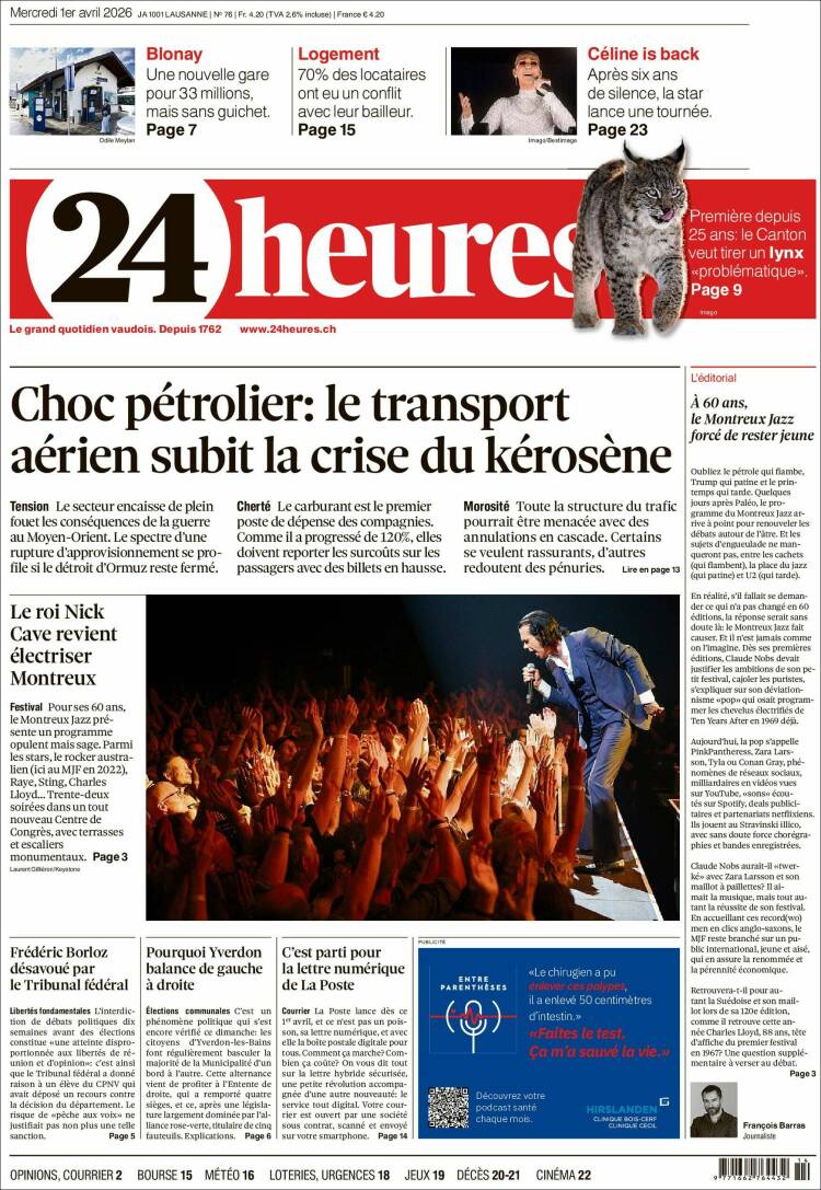 Portada de 24 Heures (Switzerland)