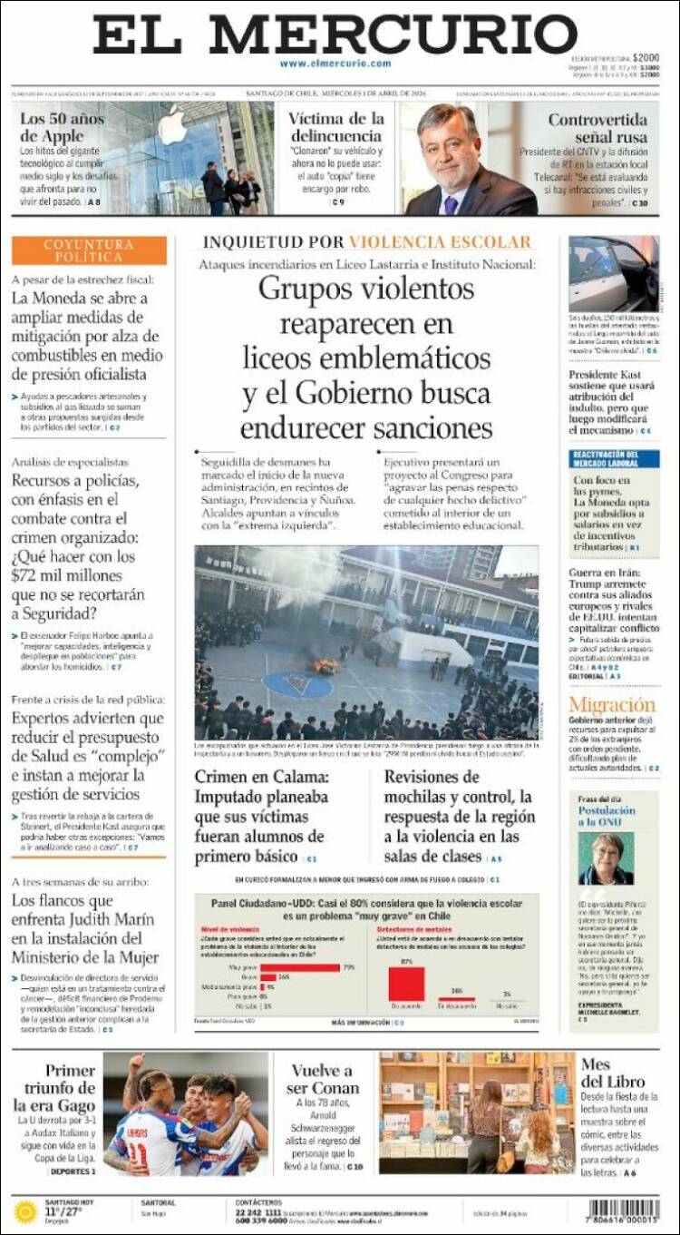 Portada de El Mercurio (Chile)