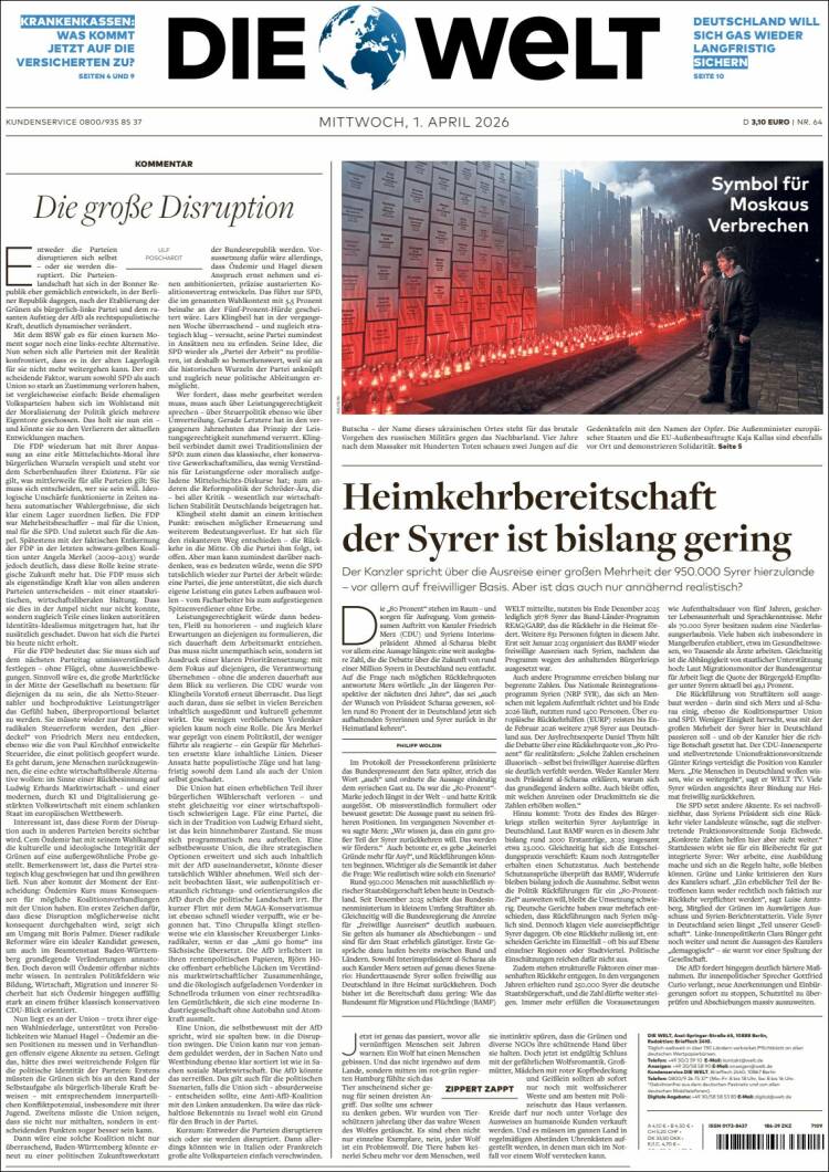 Portada de Die Welt (Germany)