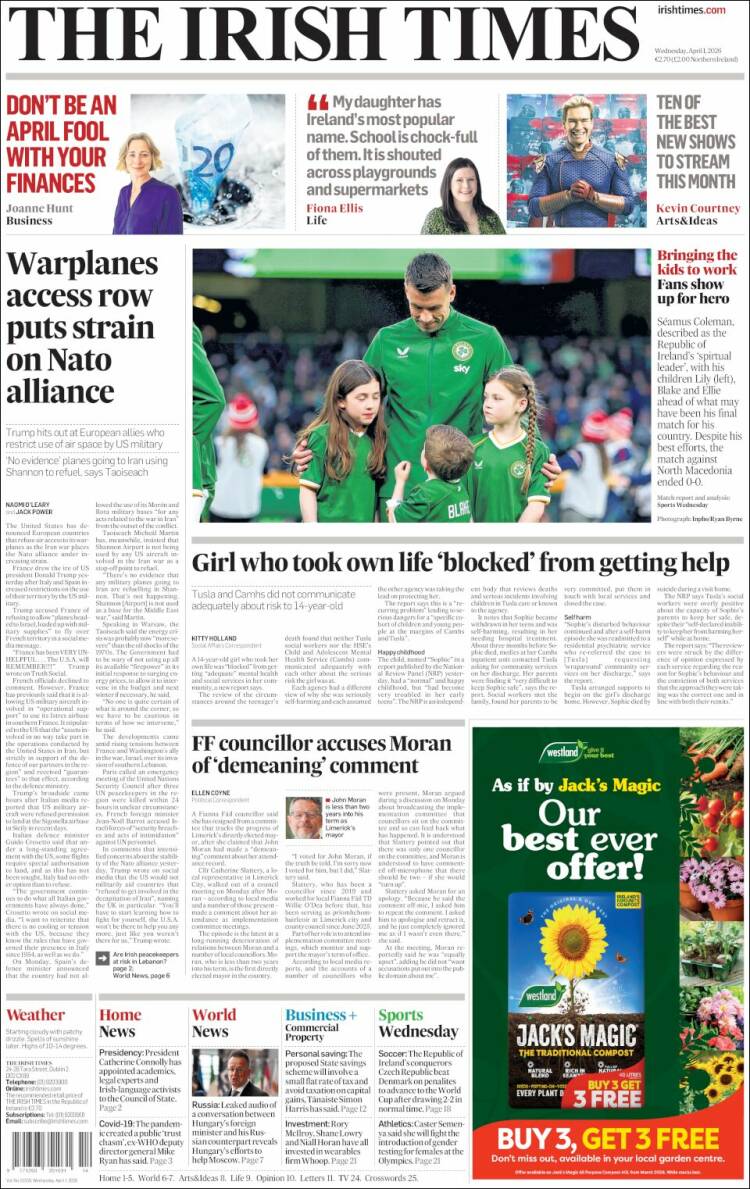 Portada de Irish Times (Irlanda)