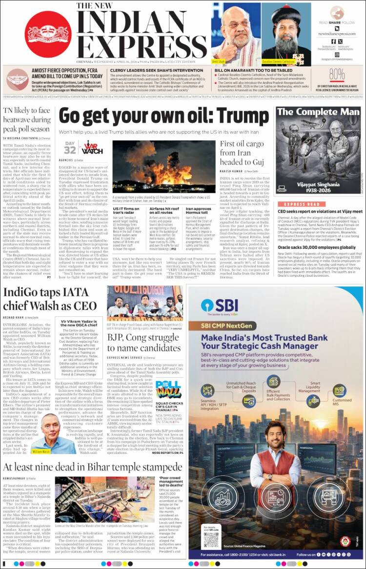 Portada de New Indian Express (India)