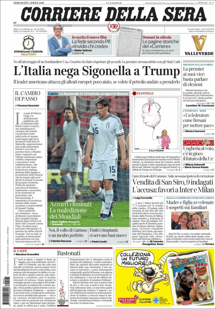 Portada de Corriere della Sera (Italy)