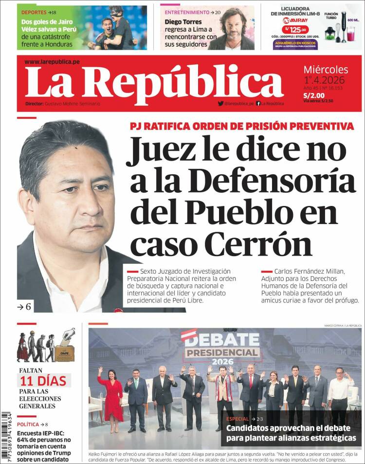 Portada de La Republica (Per&uacute;)