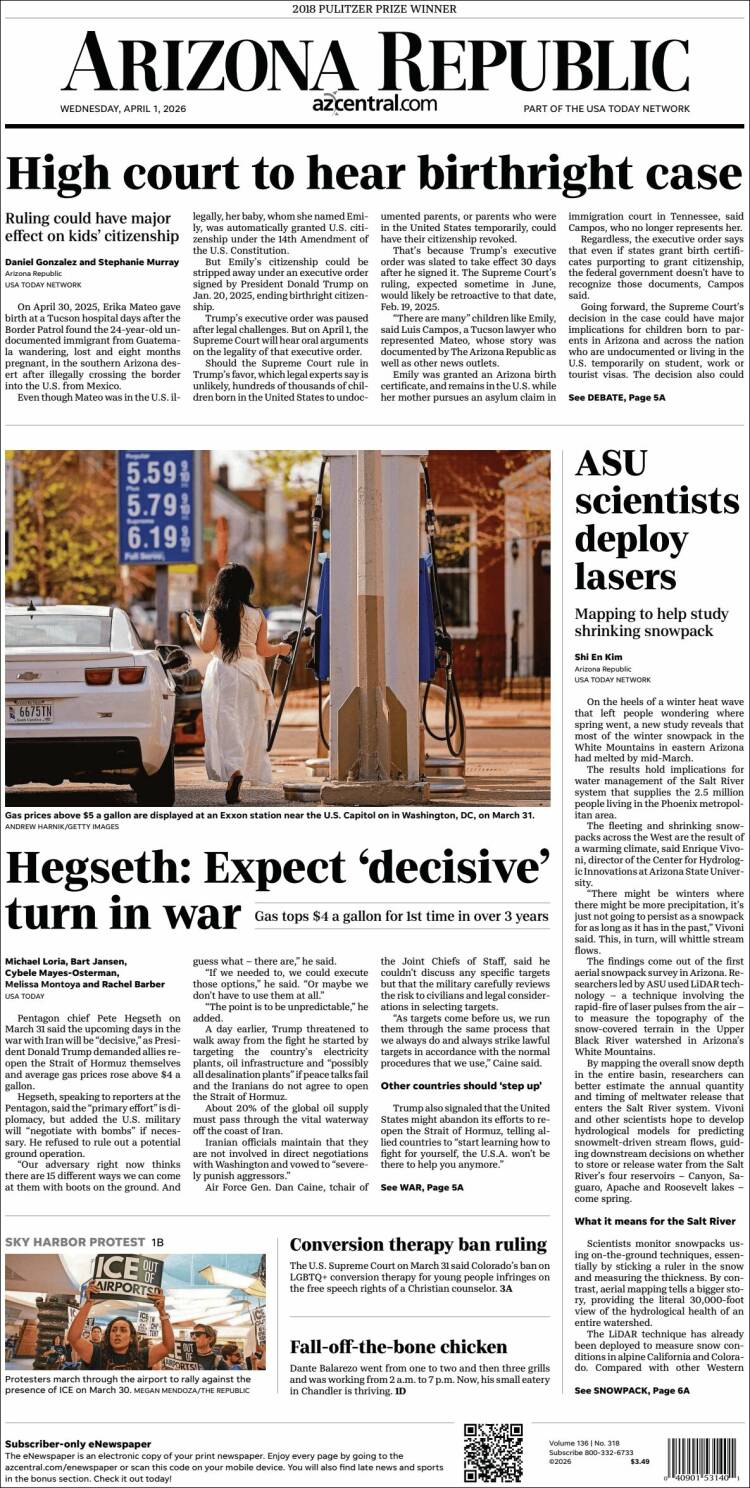 Portada de Arizona Republic News (USA)