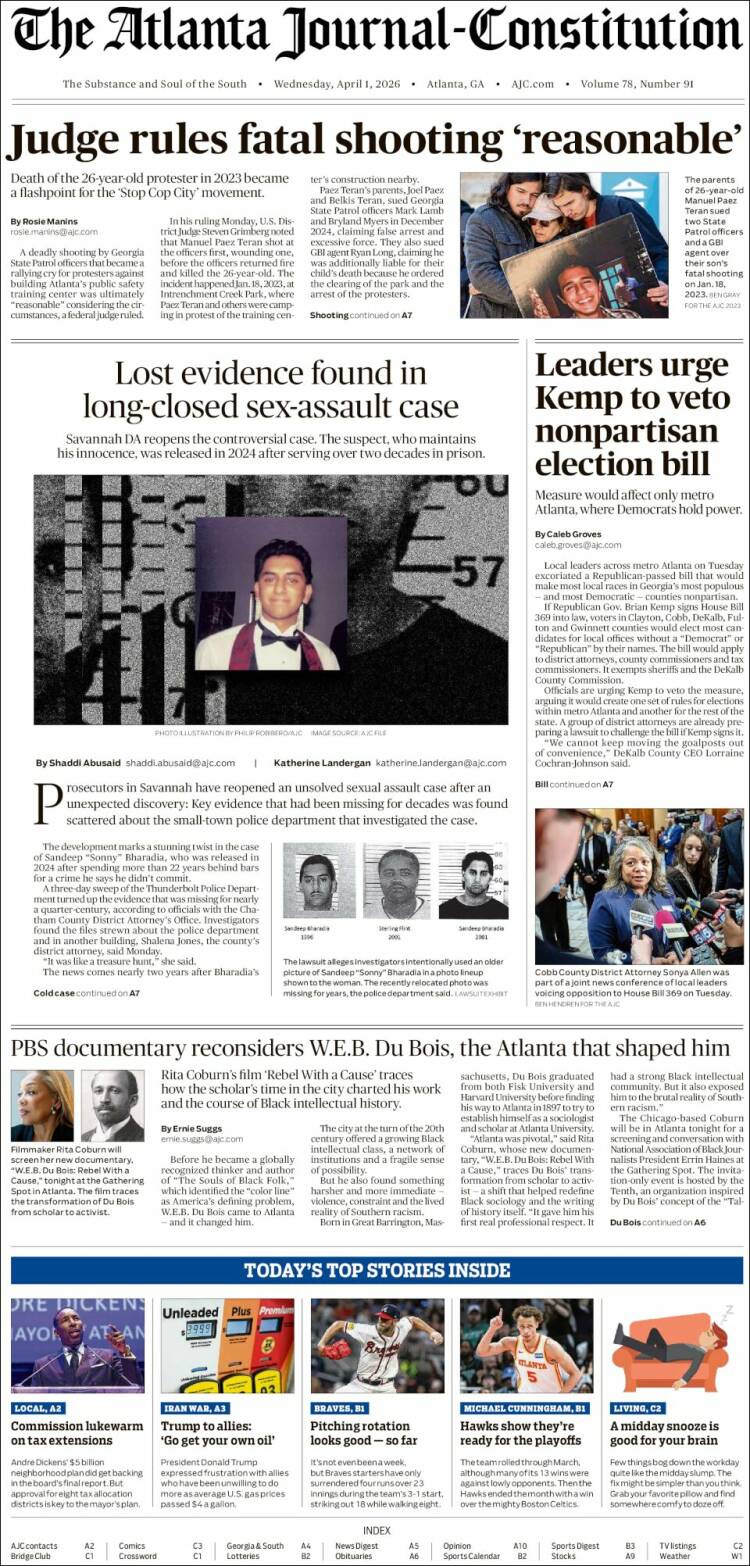 Portada de The Atlanta Journal-Constitution (USA)