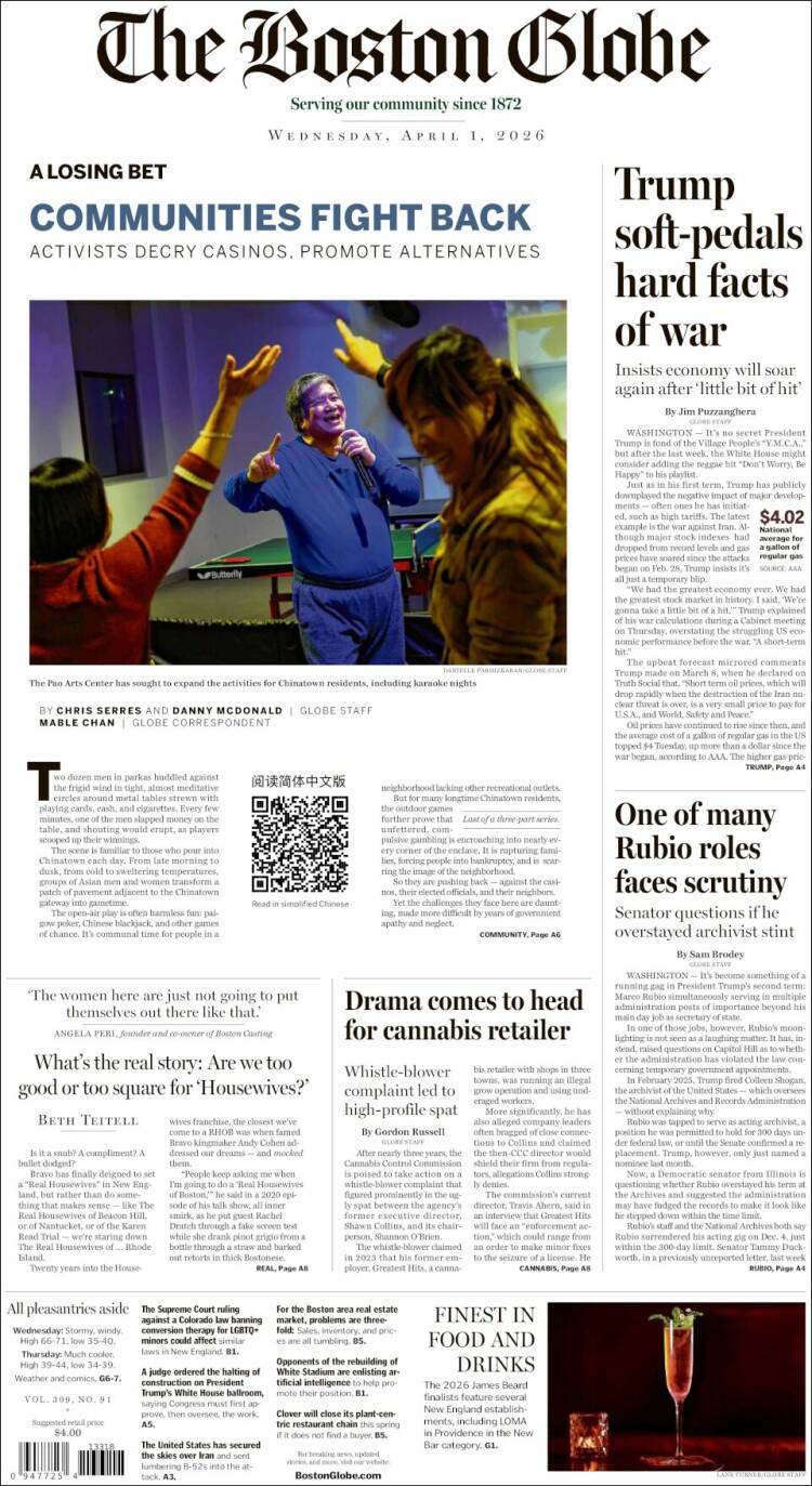 Portada de Boston Globe (USA)