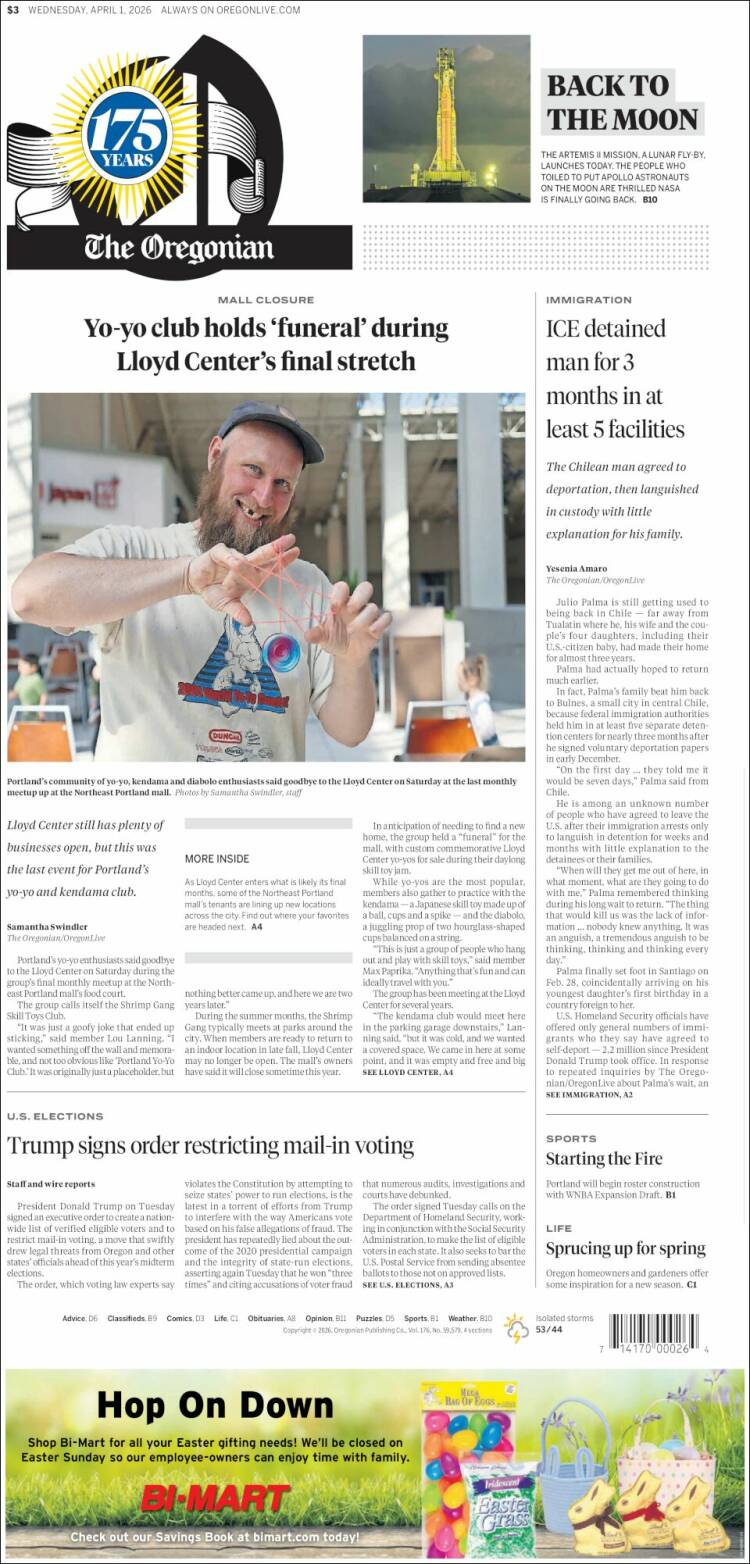 Portada de The Oregonian (USA)