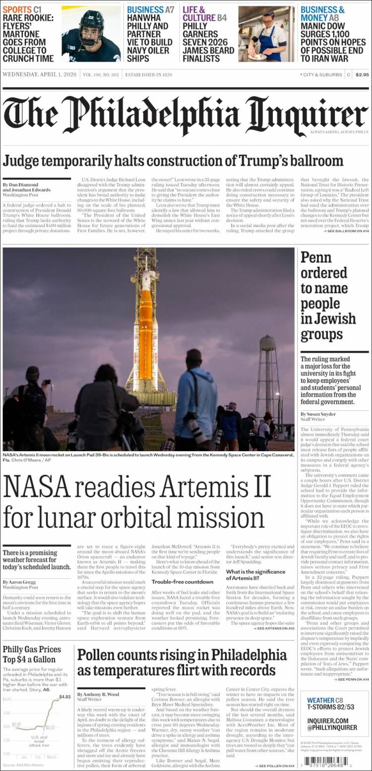 Portada de Philadelphia Inquirer (USA)