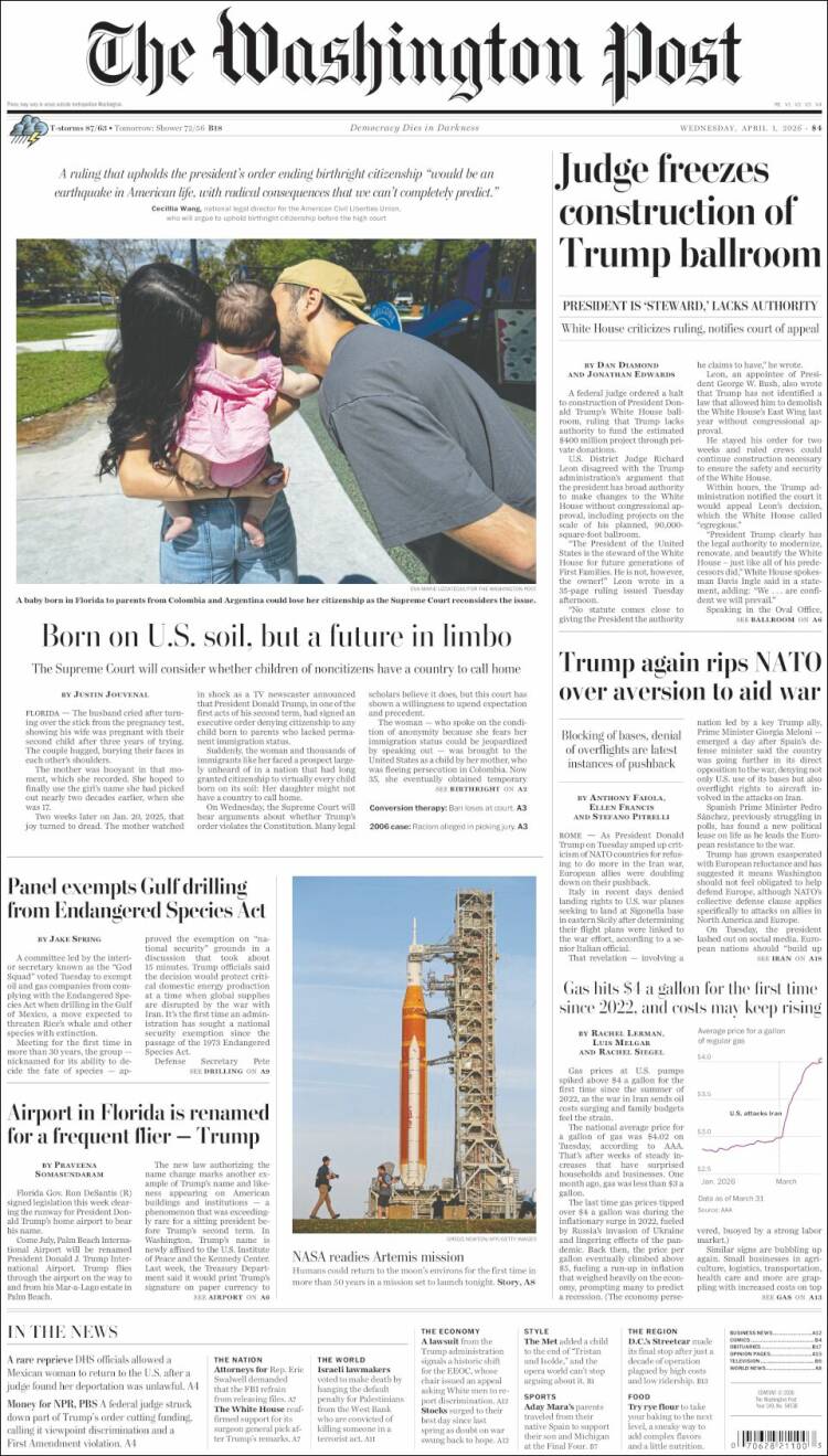 Portada de The Washington Post (USA)