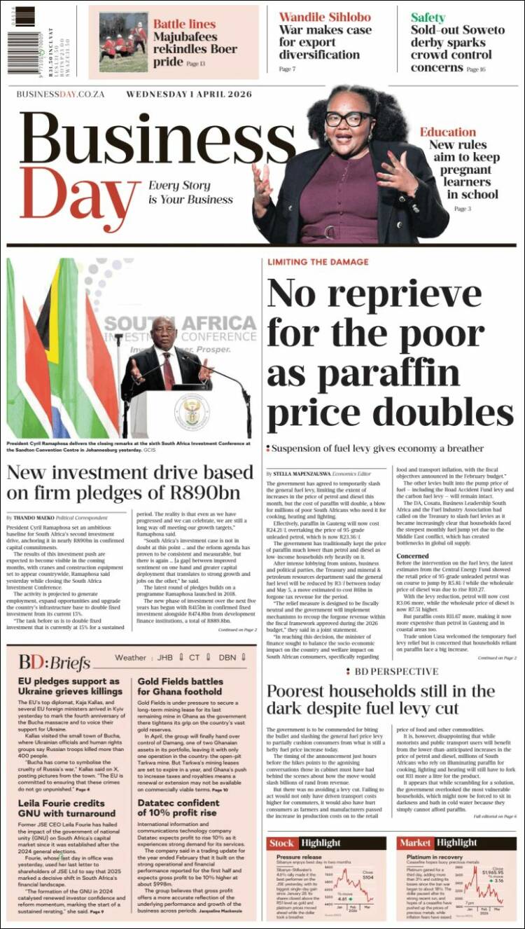Portada de Business Day (South Africa)