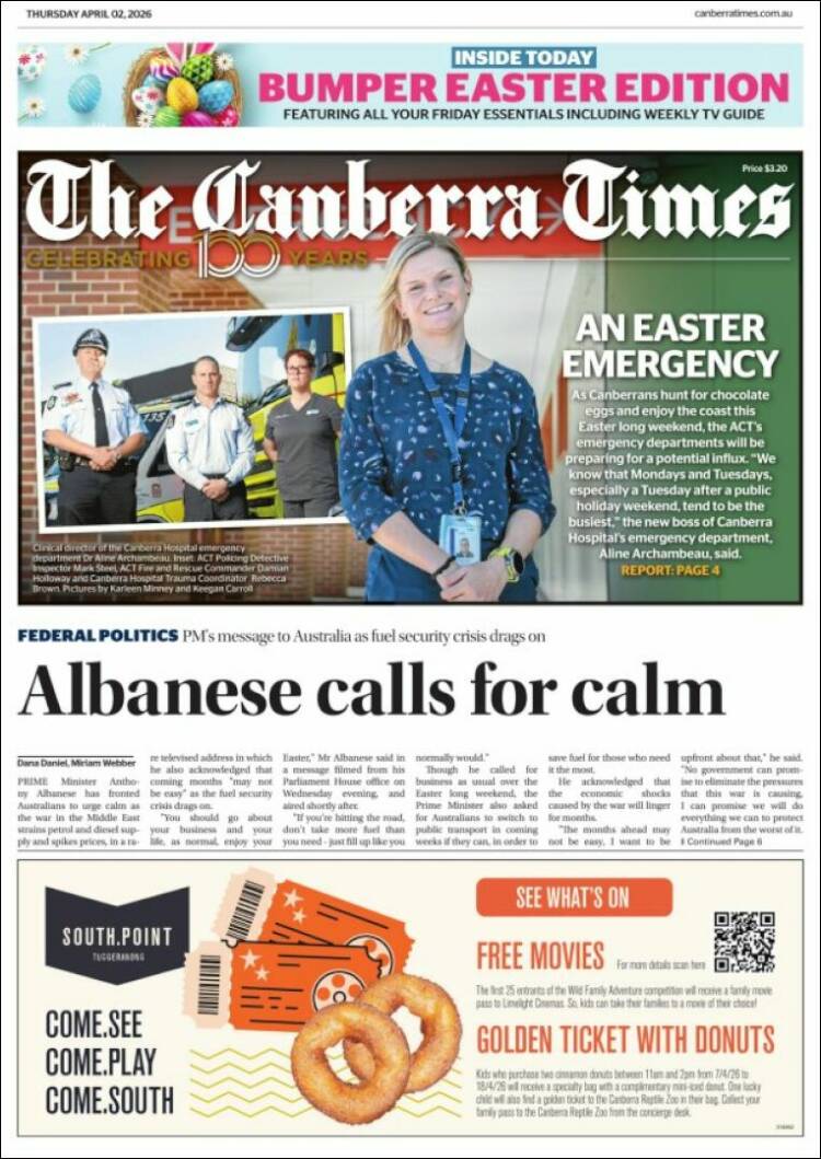 Portada de The Canberra Times (Australia)