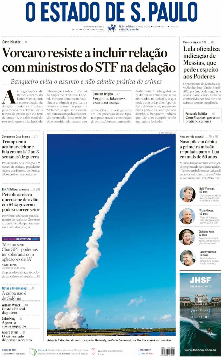 Portada de O Estado de São Paulo (Brasil)