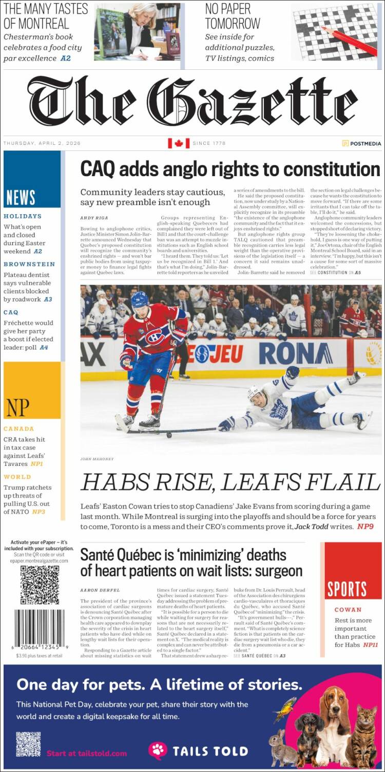 Portada de The Gazette (Canad&aacute;)