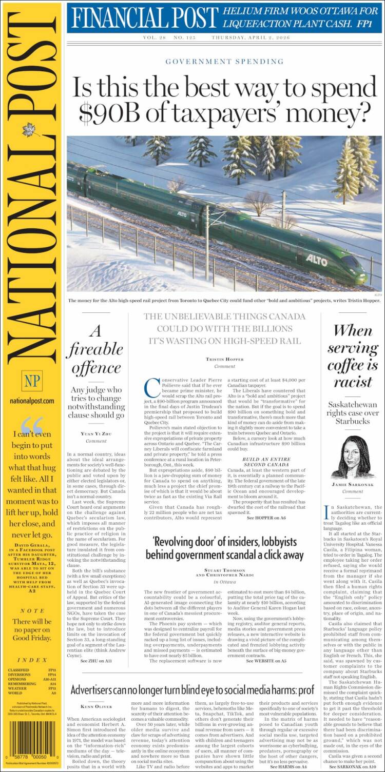 Portada de The National Post (Canad&aacute;)