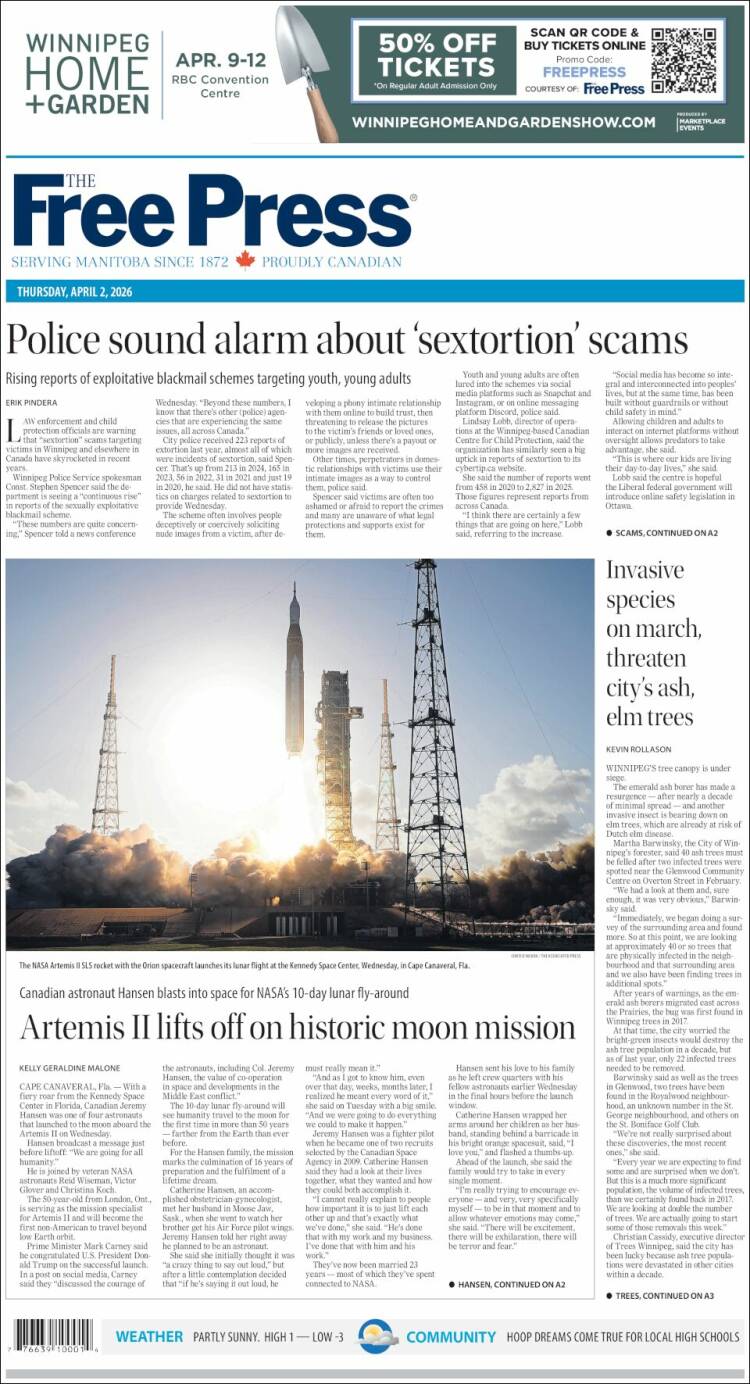 Portada de Winnipeg Free Press (Canad&aacute;)