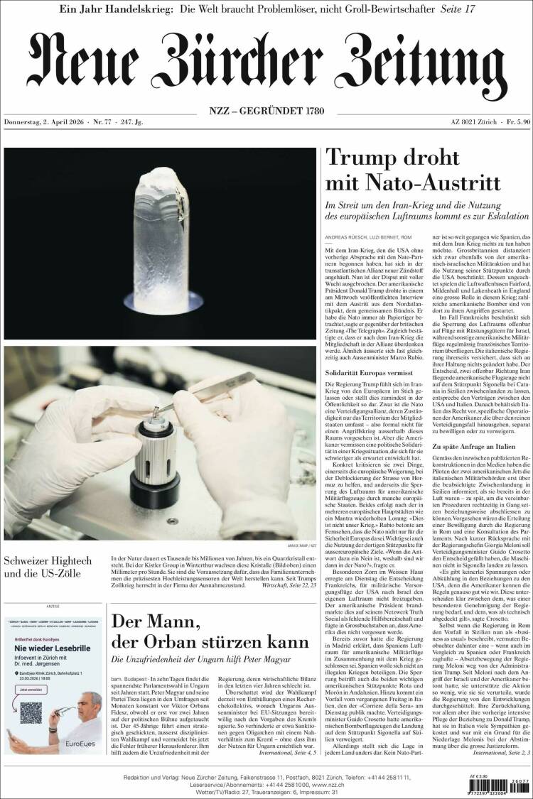 Portada de Neue Zürcher Zeitung (Suiza)