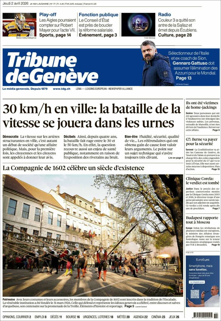 Portada de La Tribune de Genève (Suiza)
