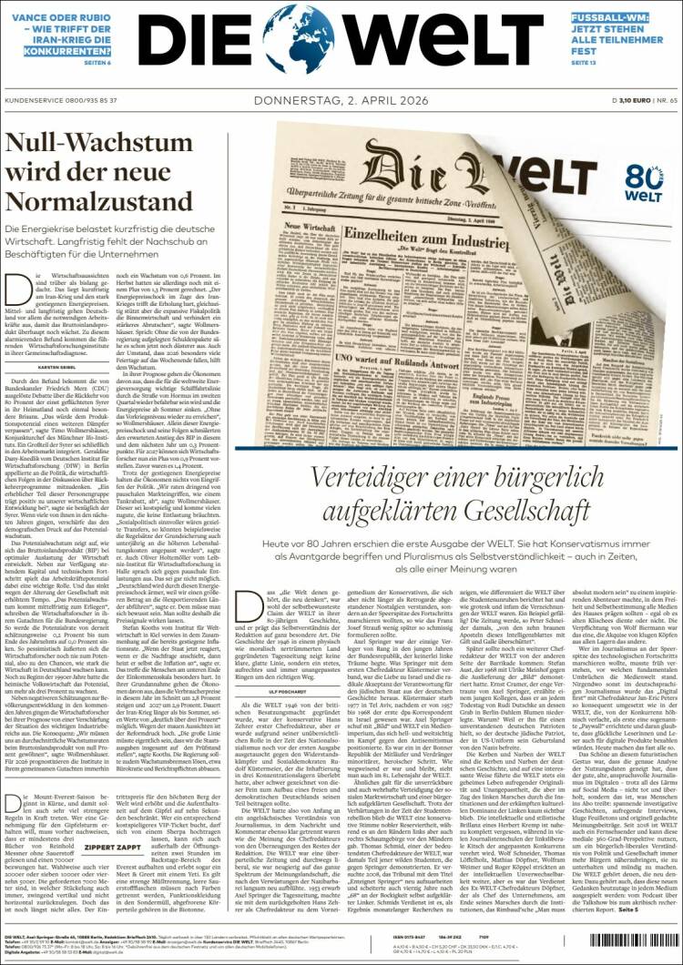 Portada de Die Welt (Alemania)