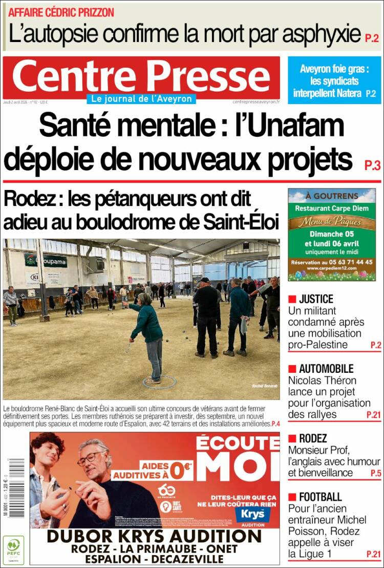 Portada de Centre Presse (Francia)