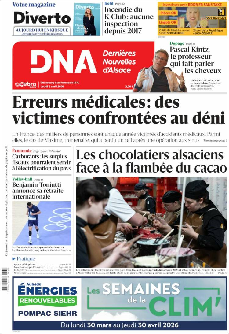 Portada de Les Dernières Nouvelles d'Alsace (Francia)