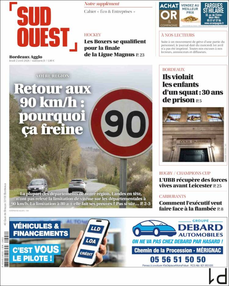 Portada de Sud Ouest (Francia)