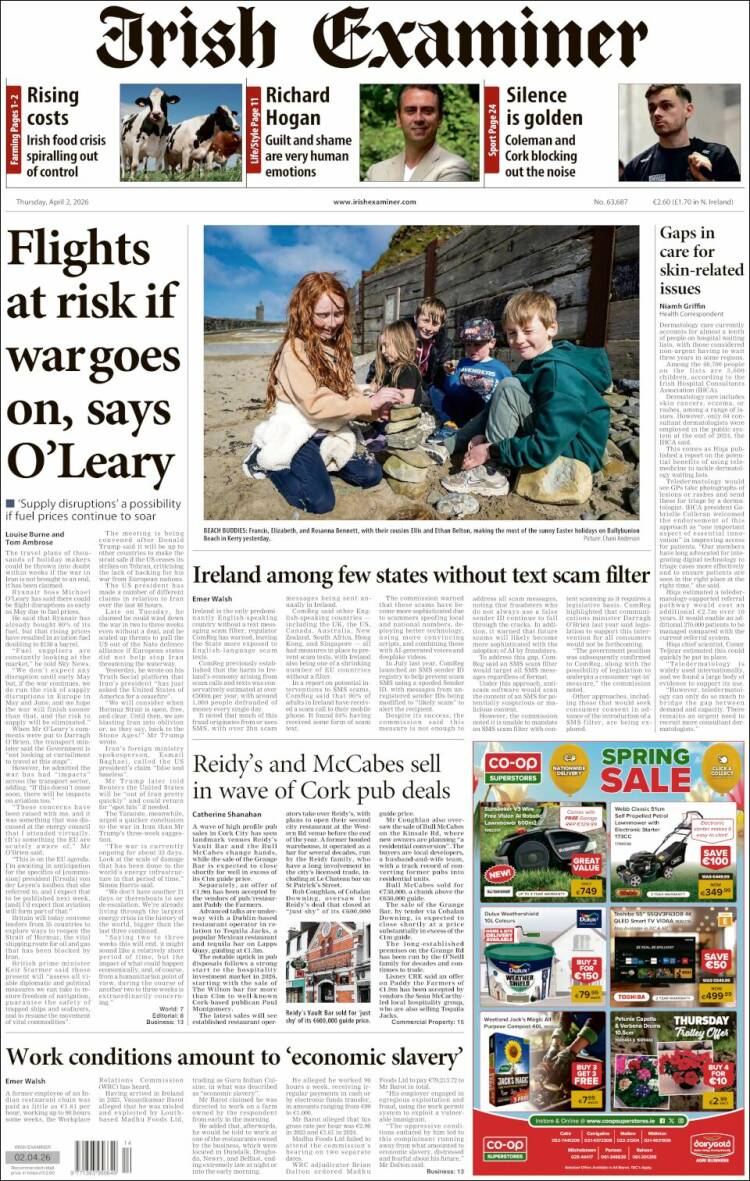Portada de Irish Examiner (Irlanda)