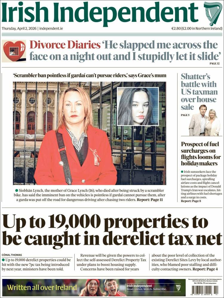 Portada de Irish Independent (Irlanda)