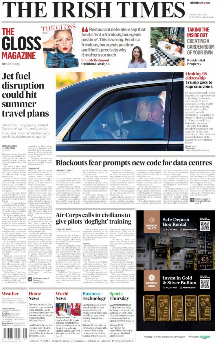 Portada de Irish Times (Irlanda)