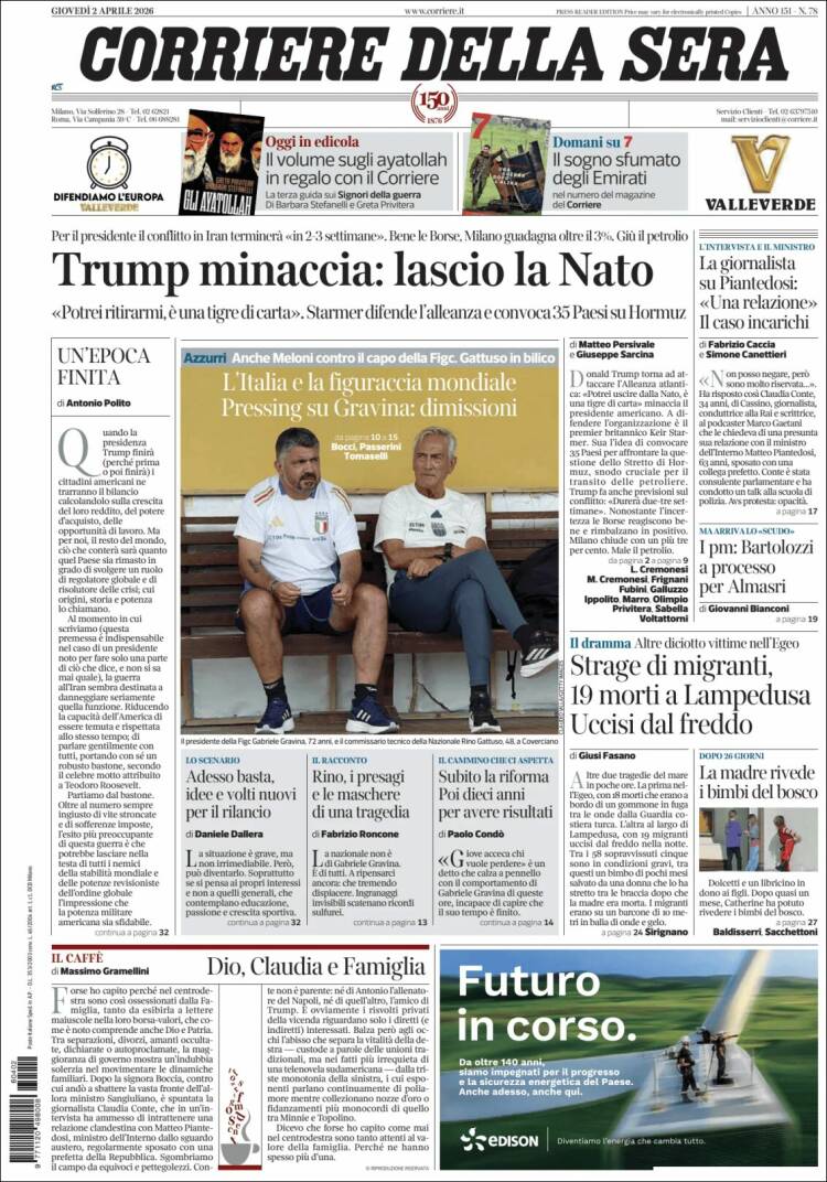 Portada de Corriere della Sera (Italia)