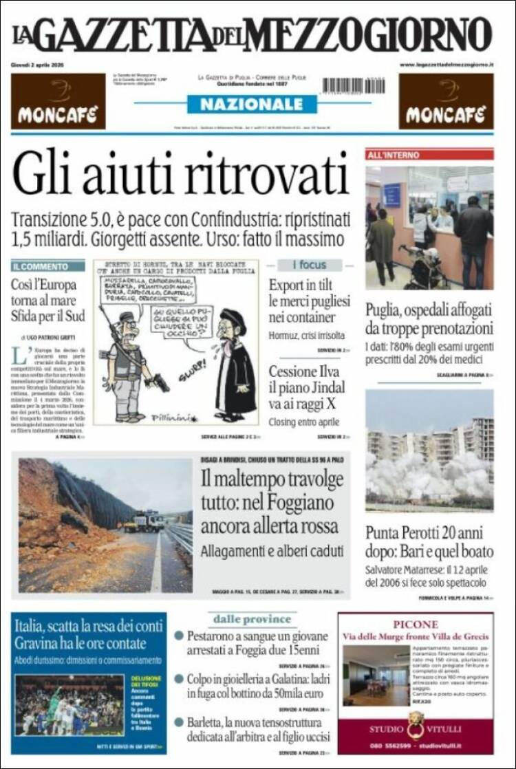 Portada de La Gazzetta del Mezzogiorno (Italia)