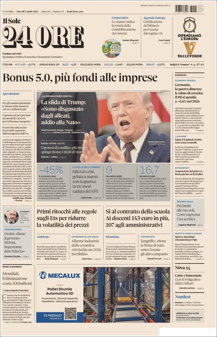 Portada de Il Sole 24 ORE (Italia)