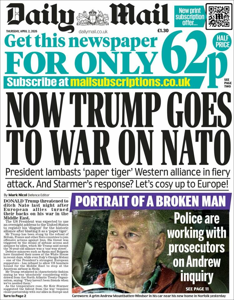 Portada de Daily Mail (Reino Unido)