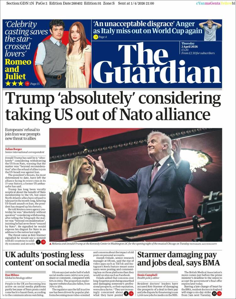 Portada de The Guardian (Reino Unido)