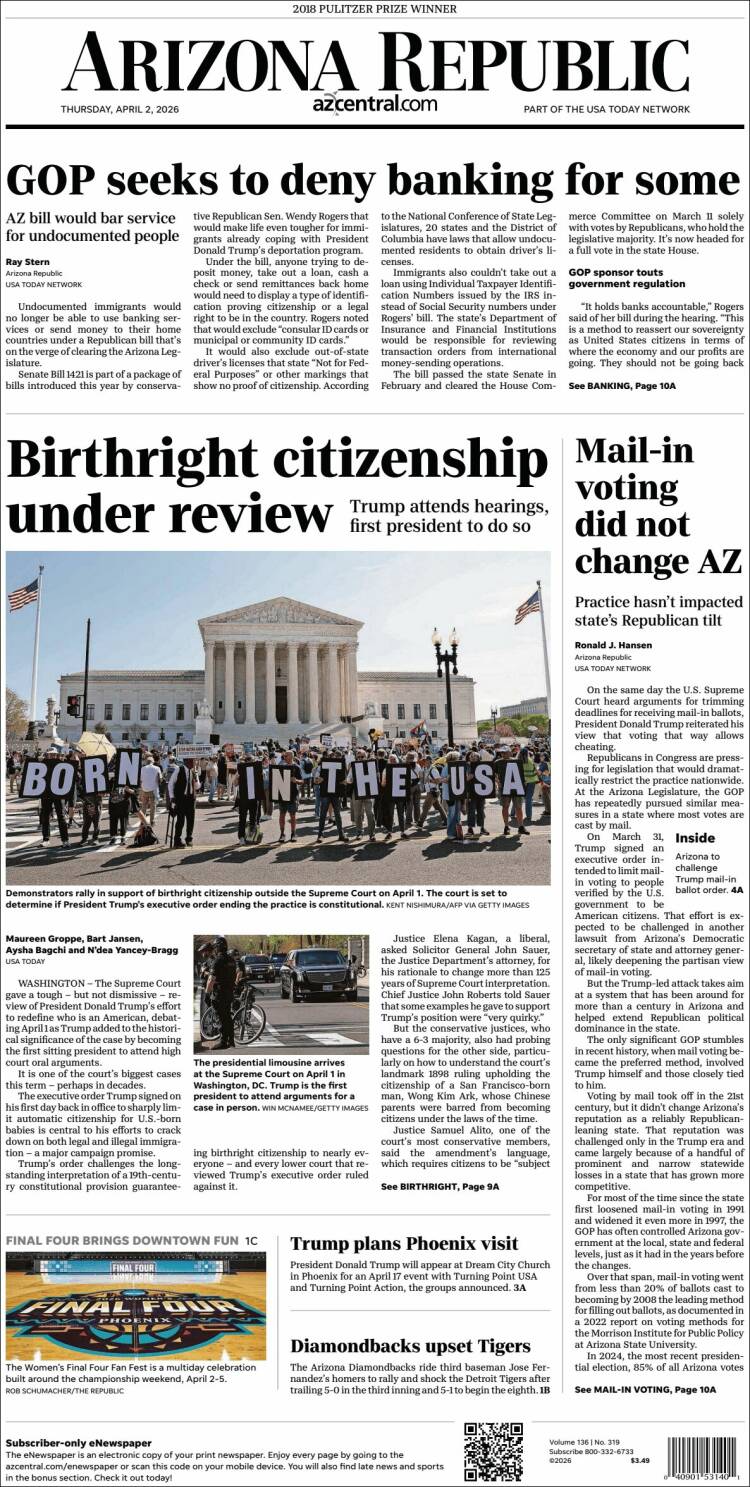 Portada de Arizona Republic News (USA)