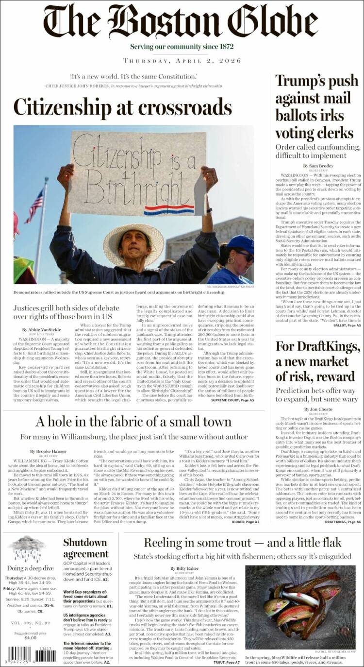 Portada de Boston Globe (USA)