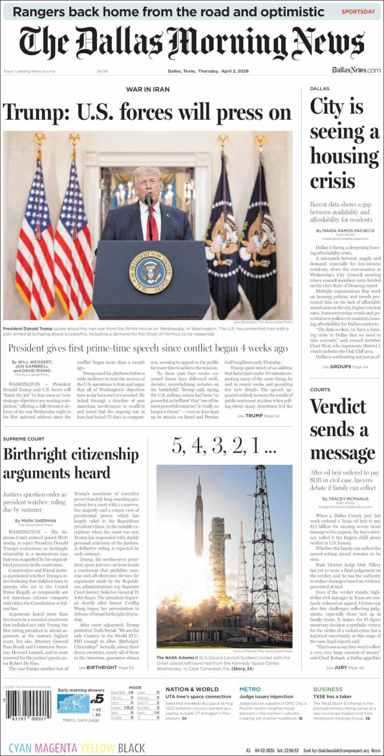 Portada de Dallas Morning News (USA)