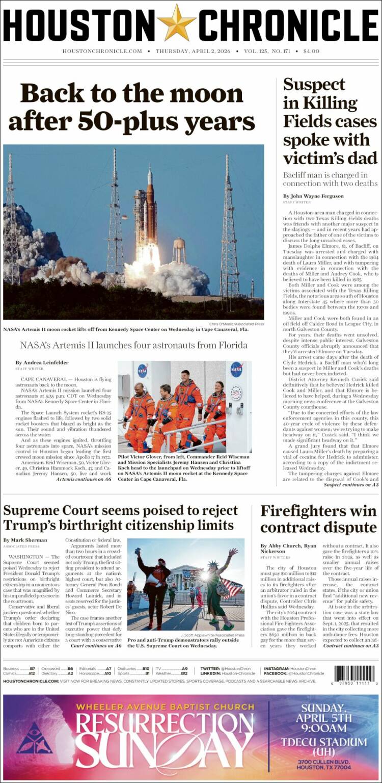 Portada de Houston Chronicle (USA)