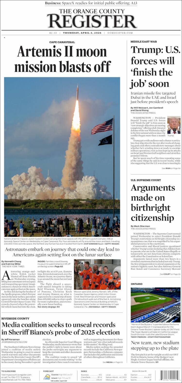 Portada de The Orange County Register (USA)