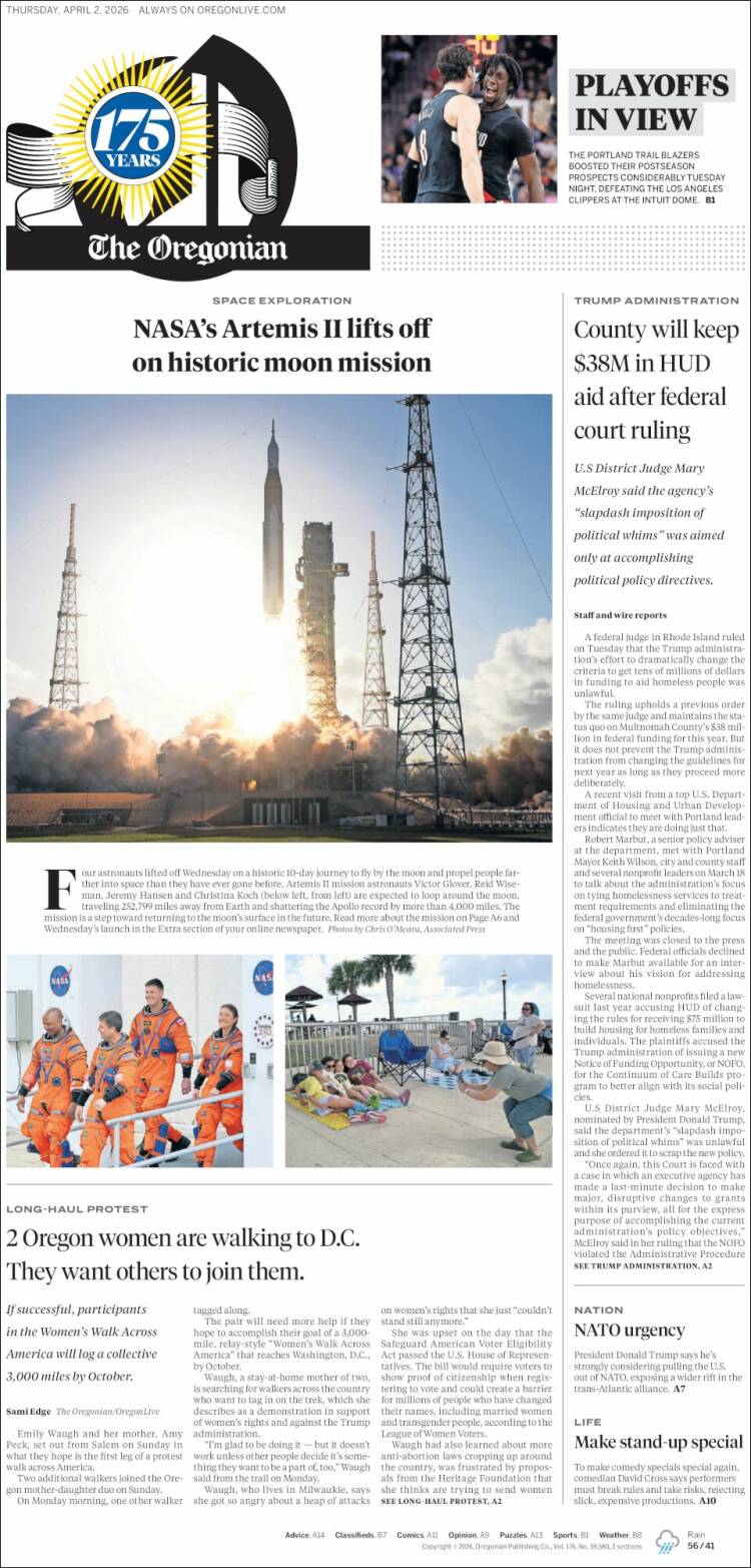 Portada de The Oregonian (USA)